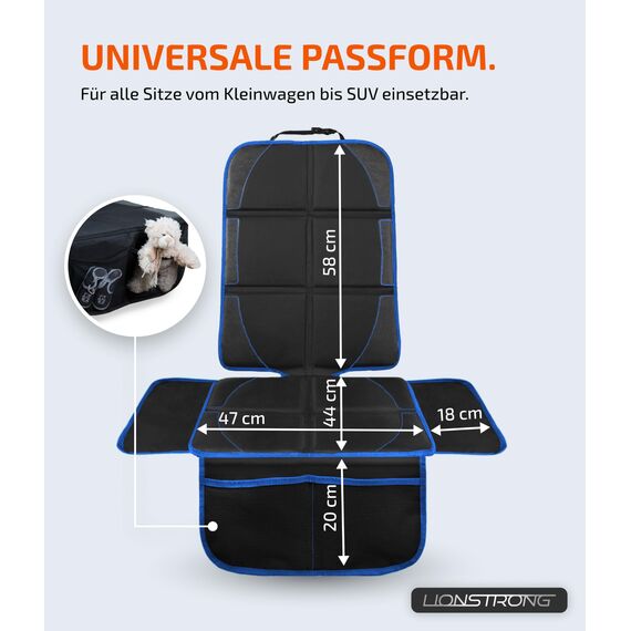 LIONSTRONG® Kindersitzunterlage Autositzschoner [ISOFIX GEEIGNET] - Autositzauflage wasserabweisend - Sitzschutz Sitzschoner Auto Kindersitz - Auto Sitzauflagen - universell kompatibel (Blau)
