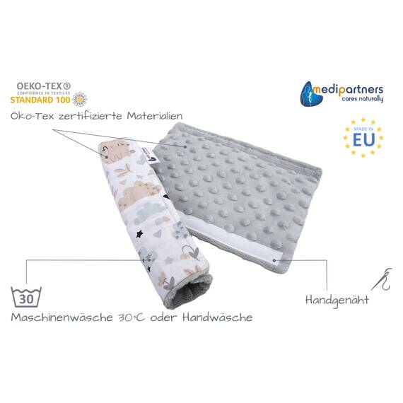 Medi Partners Gurtpolster Kinder 2 Stück Autogurt Polster Gurtschutz für Auto - 17x22cm 100% Baumwolle Minky Schulterpolster Kids Gurt Schutz Sicherheitsgurt (Glade mit graue Minky)