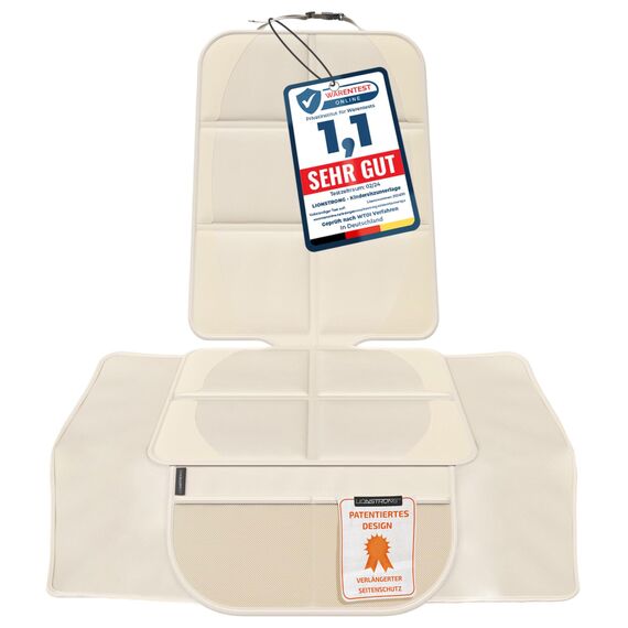 LIONSTRONG® Kindersitzunterlage - EXTRA Schutz [ISOFIX GEEIGNET] - wasserabweisender Autositzschoner Polyester Stoff - Sitzschutz Sitzschoner Auto Kindersitz - universell kompatibel - Creme