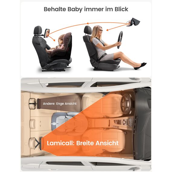 Lamicall Spiegel Auto Baby Rückbank - [2026 Haken Clip] Bruchsicher Autospiegel Baby Rücksitz, 360° Drehbar Babyspiegel Rücksitzspiegel, Kopfstützen Auto Spiegel für Baby&Kinder mit 175° Konvexspiegel
