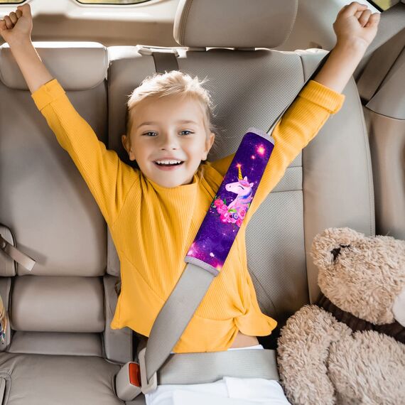 Basumee 2 Stück Auto Gurtschutz mit Regenbogen-Einhorn - Sicherheitsgurt Schulterpolster Schulterkissen Gurtschoner Autositze Gurtpolster für Kinder, Blau