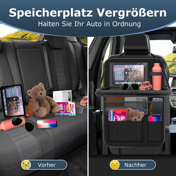 Oneyus Auto Organizer, 2 Stück Autositz Organizer Große Rückenlehnenschutz Auto Kinder Multifunktional Wasserdicht Rücksitz Organizer mit Klapptisch,Tablet Tasche und Viele Taschen-Schwarz