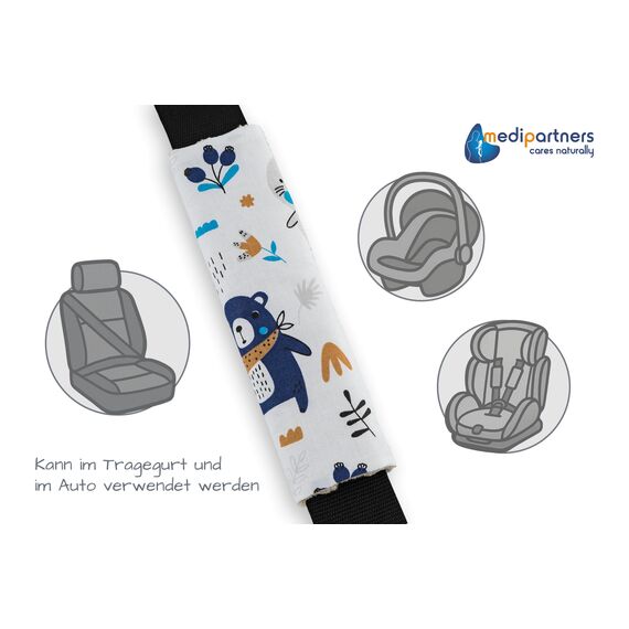 Medi Partners Gurtpolster Kinder Autogurt Polster Gurtschutz für Auto - 17x22cm 100% Baumwolle Minky Schulterpolster Kids Gurt Schutz Sicherheitsgurt (Boho Animals mit beige Minky)