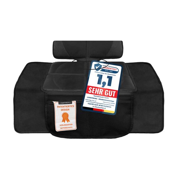LIONSTRONG® Kindersitzunterlage - EXTRA Schutz [ISOFIX GEEIGNET] - wasserabweisender Autositzschoner Polyester Stoff - Sitzschutz Sitzschoner Auto Kindersitz - universell kompatibel - Schwarz klein