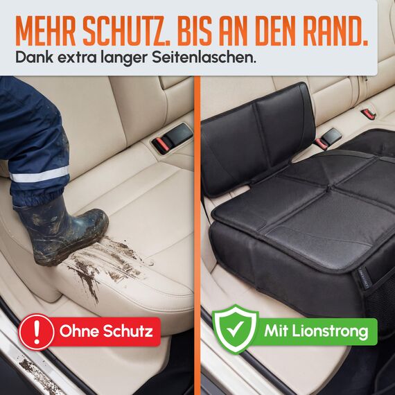 LIONSTRONG® Kindersitzunterlage - EXTRA Schutz [ISOFIX GEEIGNET] - wasserabweisender Autositzschoner Polyester Stoff - Sitzschutz Sitzschoner Auto Kindersitz - universell kompatibel - Schwarz klein