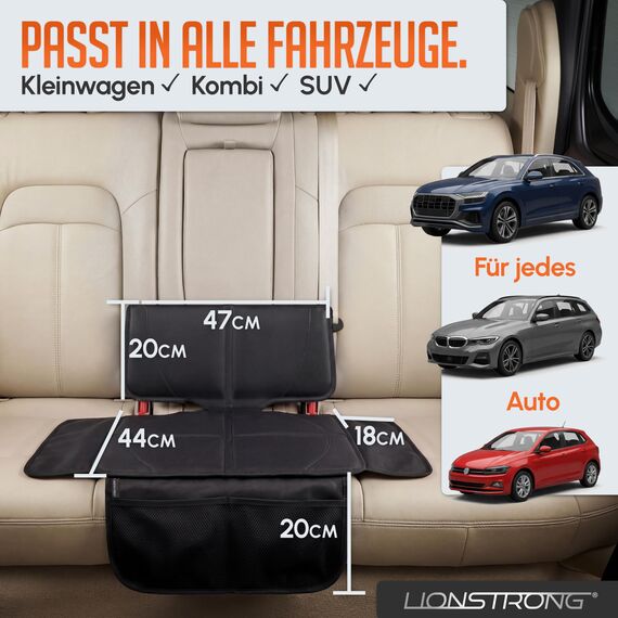 LIONSTRONG® Kindersitzunterlage Autositzschoner [ISOFIX GEEIGNET] - wasserabweisender Polyester Stoff - Sitzschutz Sitzschoner Auto Kindersitz - universell kompatibel (Schwarz, klein)