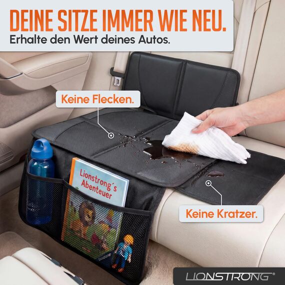 LIONSTRONG® Kindersitzunterlage Autositzschoner [ISOFIX GEEIGNET] - wasserabweisender Polyester Stoff - Sitzschutz Sitzschoner Auto Kindersitz - universell kompatibel (Schwarz, klein)