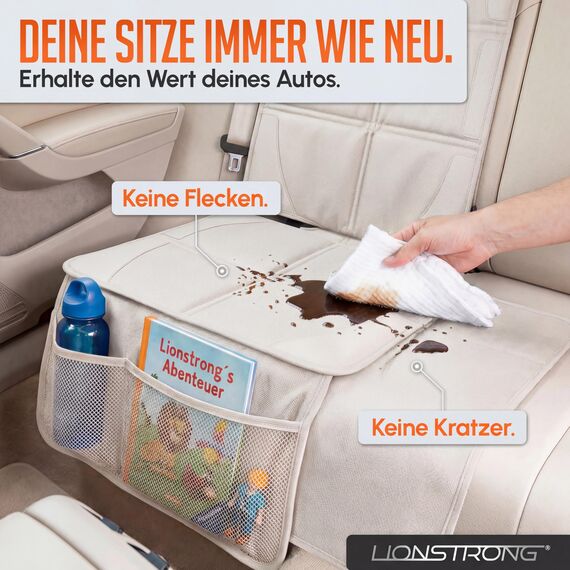 LIONSTRONG® Kindersitzunterlage - EXTRA Schutz [ISOFIX GEEIGNET] - wasserabweisender Autositzschoner Polyester Stoff - Sitzschutz Sitzschoner Auto Kindersitz - universell kompatibel - Creme