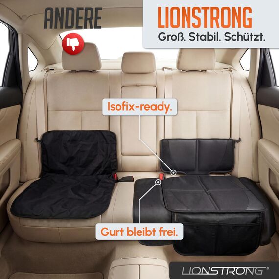 LIONSTRONG® Kindersitzunterlage - EXTRA Schutz [ISOFIX GEEIGNET] - wasserabweisender Autositzschoner Polyester Stoff - Sitzschutz Sitzschoner Auto Kindersitz - universell kompatibel - Schwarz klein