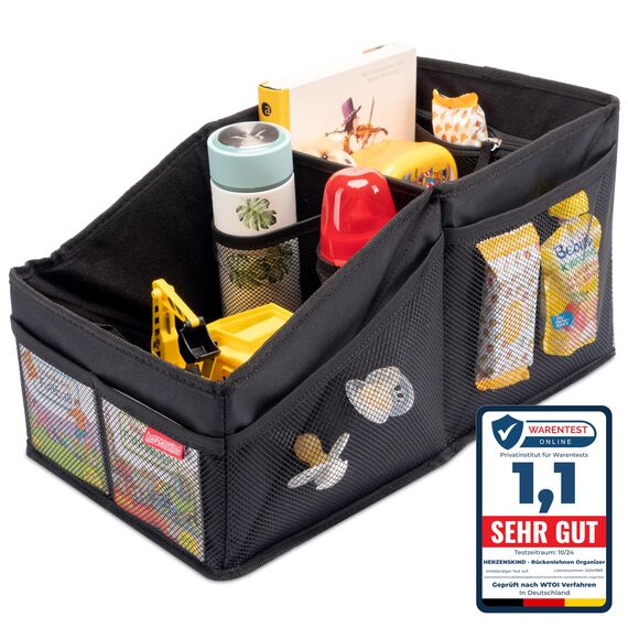 HerzensKind Auto Organizer Rücksitz – Faltbarer Rücksitz Organizer Kinder | Autositz Organizer mit Netz & Hauptfach | Kinder Auto Organizer für Spielzeug, Windeln & Snacks