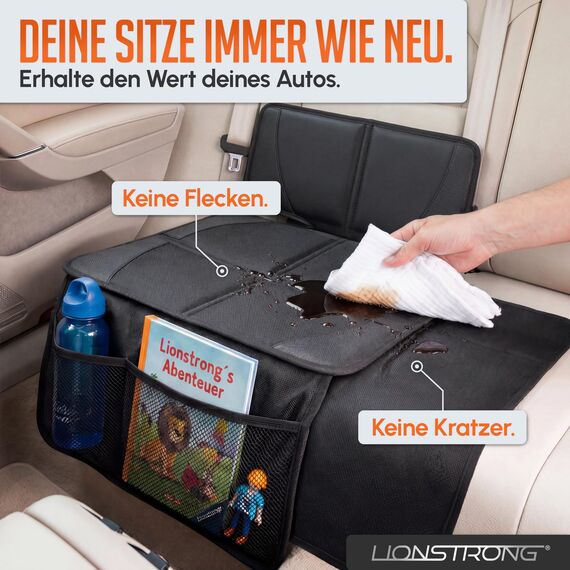 LIONSTRONG® Kindersitzunterlage - EXTRA Schutz [ISOFIX GEEIGNET] - wasserabweisender Autositzschoner Polyester Stoff - Sitzschutz Sitzschoner Auto Kindersitz - universell kompatibel - Schwarz klein