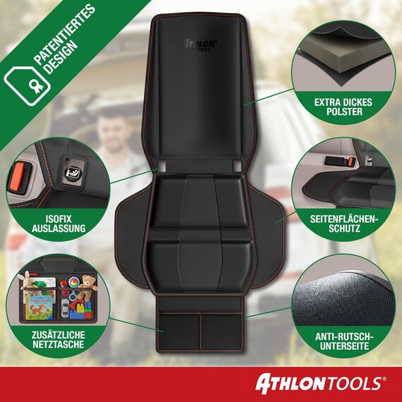 ATHLON TOOLS Kindersitzunterlage Auto mit Seitenschutz - Optimale Passform - Isofix kompatibel - Dick gepolstert - für Kindersitze, Babyschalen und Sitzerhöhungen - Patentiertes Design aus Hamburg