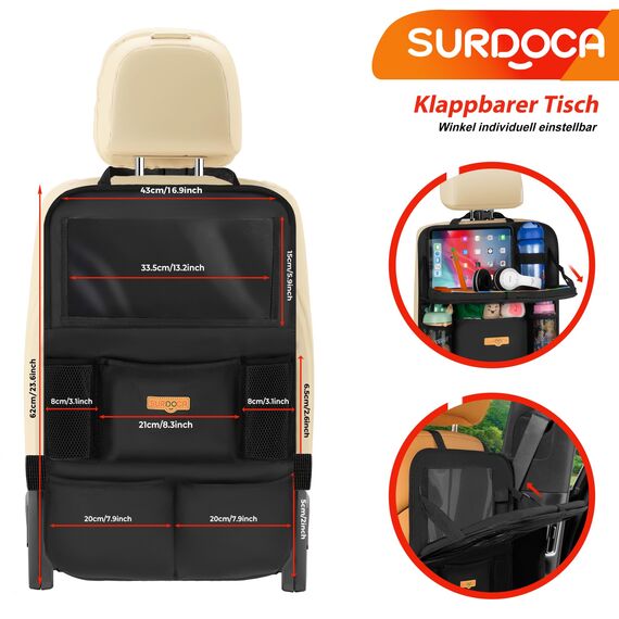 SURDOCA Auto Organizer Kinder mit Klapptisch – Rücksitz Organizer mit Touchscreen-Tabletfach, Wasserdichter Rückenlehnenschutz, passt in die meisten Fahrzeuge