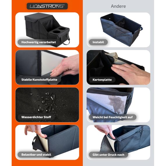 LIONSTRONG® Auto Organizer [EXTREM STABIL DURCH KUNSTSTOFFPLATTEN] - Universeller Rückbank Organizer für den Rücksitz & Beifahrersitz - Ideal für den Urlaub, viel Platz für Spielzeug - Wasserabweisend