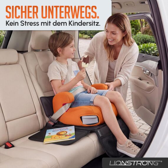 LIONSTRONG® Kindersitzunterlage Autositzschoner [ISOFIX GEEIGNET] - wasserabweisender Polyester Stoff - Sitzschutz Sitzschoner Auto Kindersitz - universell kompatibel (Schwarz, klein)