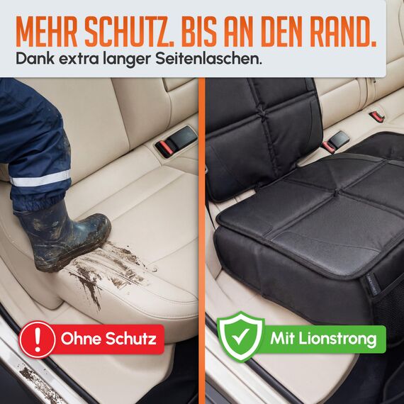 LIONSTRONG® Kindersitzunterlage - EXTRA Schutz [ISOFIX GEEIGNET] - wasserabweisender Autositzschoner Polyester Stoff - Sitzschutz Sitzschoner Auto Kindersitz - universell kompatibel - Schwarz 2 Stück