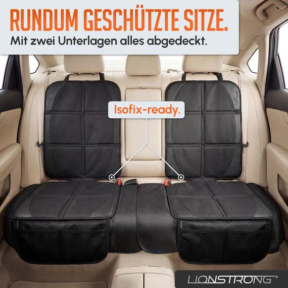 LIONSTRONG® Kindersitzunterlage - EXTRA Schutz [ISOFIX GEEIGNET] - wasserabweisender Autositzschoner Polyester Stoff - Sitzschutz Sitzschoner Auto Kindersitz - universell kompatibel - Schwarz 2 Stück