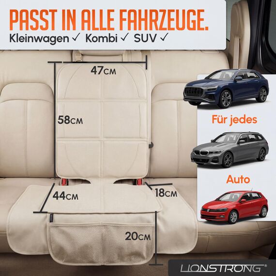 LIONSTRONG® Kindersitzunterlage - EXTRA Schutz [ISOFIX GEEIGNET] - wasserabweisender Autositzschoner Polyester Stoff - Sitzschutz Sitzschoner Auto Kindersitz - universell kompatibel - Creme