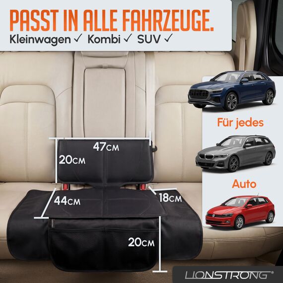 LIONSTRONG® Kindersitzunterlage - EXTRA Schutz [ISOFIX GEEIGNET] - wasserabweisender Autositzschoner Polyester Stoff - Sitzschutz Sitzschoner Auto Kindersitz - universell kompatibel - Schwarz klein
