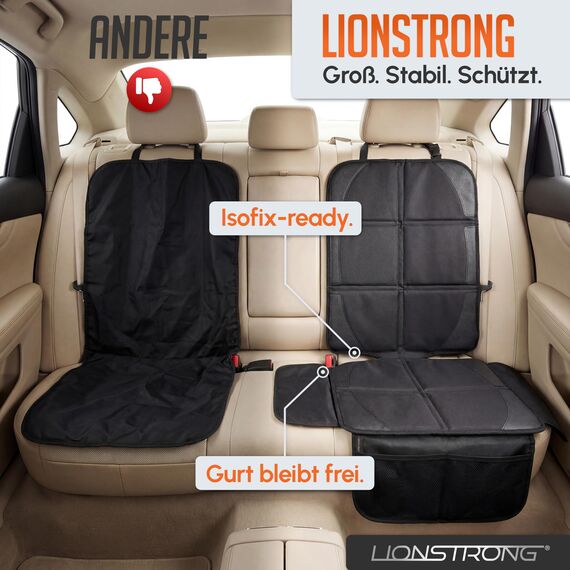 LIONSTRONG® Kindersitzunterlage Autositzschoner [ISOFIX GEEIGNET] - wasserabweisender Polyester Stoff schwarz - Sitzschutz Sitzschoner Auto Kindersitz - universell kompatibel - Schwarz, 2 Stück