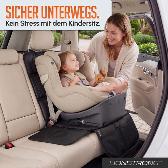 LIONSTRONG® Kindersitzunterlage Autositzschoner [ISOFIX GEEIGNET] - wasserabweisender Polyester Stoff schwarz - Sitzschutz Sitzschoner Auto Kindersitz - universell kompatibel - Schwarz, 2 Stück