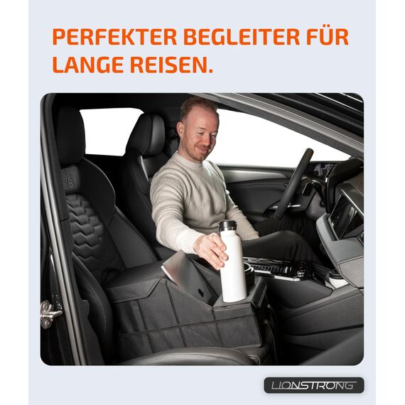 LIONSTRONG® Auto Organizer [EXTREM STABIL DURCH KUNSTSTOFFPLATTEN] - Universeller Rückbank Organizer für den Rücksitz & Beifahrersitz - Ideal für den Urlaub, viel Platz für Spielzeug - Wasserabweisend