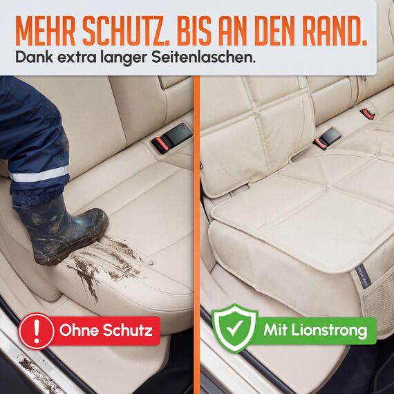 LIONSTRONG® Kindersitzunterlage - EXTRA Schutz [ISOFIX GEEIGNET] - wasserabweisender Autositzschoner Polyester Stoff - Sitzschutz Sitzschoner Auto Kindersitz - universell kompatibel - Creme