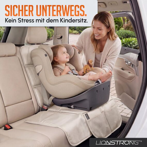 LIONSTRONG® Kindersitzunterlage - EXTRA Schutz [ISOFIX GEEIGNET] - wasserabweisender Autositzschoner Polyester Stoff - Sitzschutz Sitzschoner Auto Kindersitz - universell kompatibel - Creme