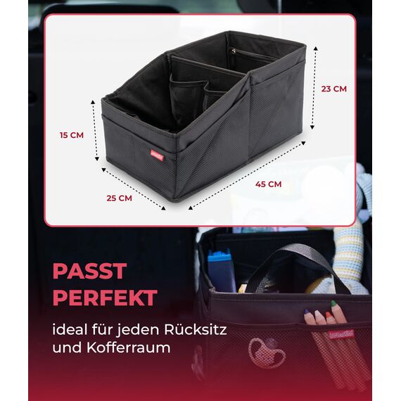 HerzensKind Auto Organizer Rücksitz – Faltbarer Rücksitz Organizer Kinder | Autositz Organizer mit Netz & Hauptfach | Kinder Auto Organizer für Spielzeug, Windeln & Snacks