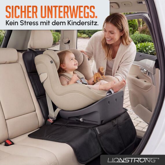 LIONSTRONG® Kindersitzunterlage - EXTRA Schutz [ISOFIX GEEIGNET] - wasserabweisender Autositzschoner Polyester Stoff - Sitzschutz Sitzschoner Auto Kindersitz - universell kompatibel - Schwarz 2 Stück