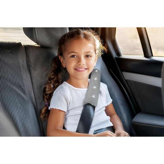 Medi Partners Gurtpolster Kinder 2 Stück Autogurt Polster Gurtschutz für Auto - 17x22cm 100% Baumwolle Minky Schulterpolster Kids Gurt Schutz Sicherheitsgurt (graue Sternen mit grauen Minky)
