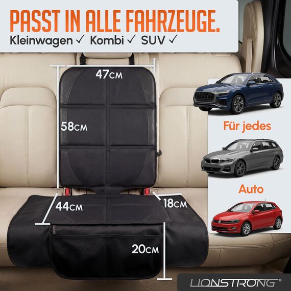 LIONSTRONG® Kindersitzunterlage - EXTRA Schutz [ISOFIX GEEIGNET] - wasserabweisender Autositzschoner Polyester Stoff - Sitzschutz Sitzschoner Auto Kindersitz - universell kompatibel - Schwarz 2 Stück