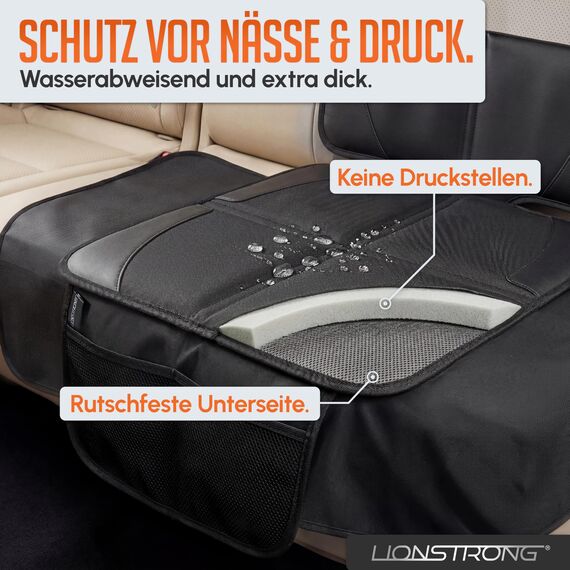 LIONSTRONG® Kindersitzunterlage - EXTRA Schutz [ISOFIX GEEIGNET] - wasserabweisender Autositzschoner Polyester Stoff - Sitzschutz Sitzschoner Auto Kindersitz - universell kompatibel - Schwarz klein