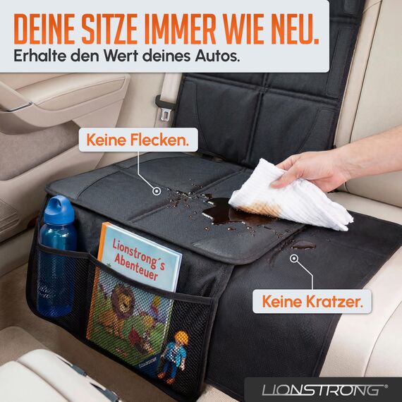 LIONSTRONG® Kindersitzunterlage - EXTRA Schutz [ISOFIX GEEIGNET] - wasserabweisender Autositzschoner Polyester Stoff - Sitzschutz Sitzschoner Auto Kindersitz - universell kompatibel - Schwarz 2 Stück