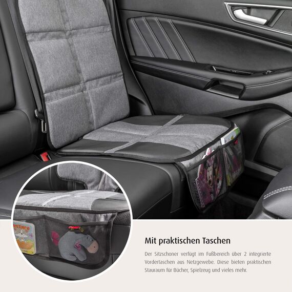 reer Kindersitz-Unterlage TravelKid MaxiProtect, Autositz-Schutzunterlage mit Rückenlehnen-Schutz, rutschfeste Unterlage, ISOFIX geeignet, für alle herkömmlichen Modelle, grau