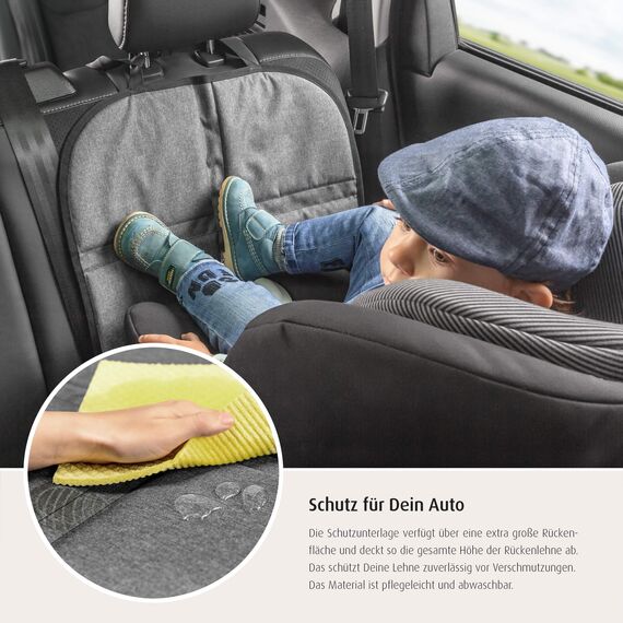 reer Kindersitz-Unterlage TravelKid MaxiProtect, Autositz-Schutzunterlage mit Rückenlehnen-Schutz, rutschfeste Unterlage, ISOFIX geeignet, für alle herkömmlichen Modelle, grau