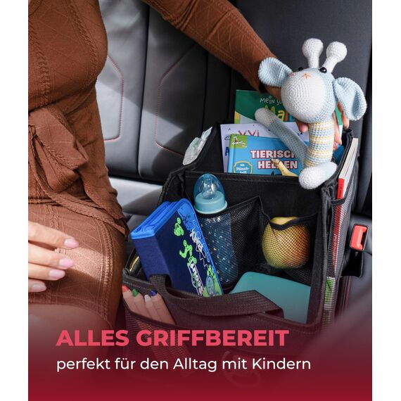 HerzensKind Auto Organizer Rücksitz – Faltbarer Rücksitz Organizer Kinder | Autositz Organizer mit Netz & Hauptfach | Kinder Auto Organizer für Spielzeug, Windeln & Snacks