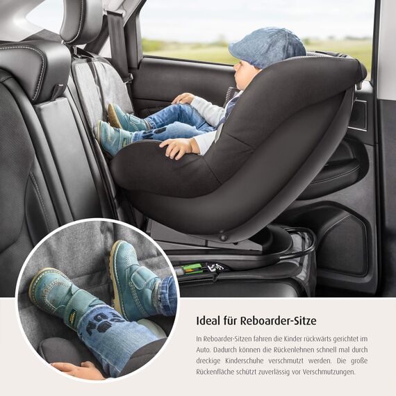 reer Kindersitz-Unterlage TravelKid MaxiProtect, Autositz-Schutzunterlage mit Rückenlehnen-Schutz, rutschfeste Unterlage, ISOFIX geeignet, für alle herkömmlichen Modelle, grau