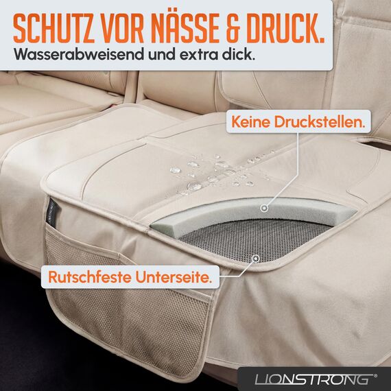 LIONSTRONG® Kindersitzunterlage - EXTRA Schutz [ISOFIX GEEIGNET] - wasserabweisender Autositzschoner Polyester Stoff - Sitzschutz Sitzschoner Auto Kindersitz - universell kompatibel - Creme