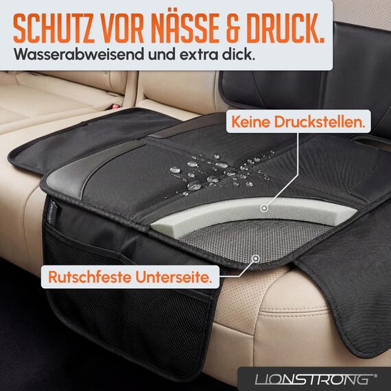 LIONSTRONG® Kindersitzunterlage Autositzschoner [ISOFIX GEEIGNET] - wasserabweisender Polyester Stoff - Sitzschutz Sitzschoner Auto Kindersitz - universell kompatibel (Schwarz, klein)