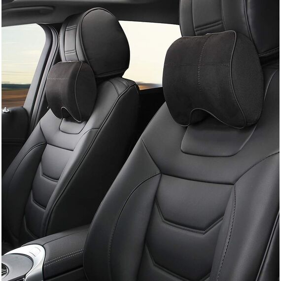 EASY EAGLE Auto Nackenkissen aus Wildleder und Memory-Schaum, Nackenkissen mit Abnehmbarem Befestigungsgurt für Autositz, Schwarz, 1 Stück