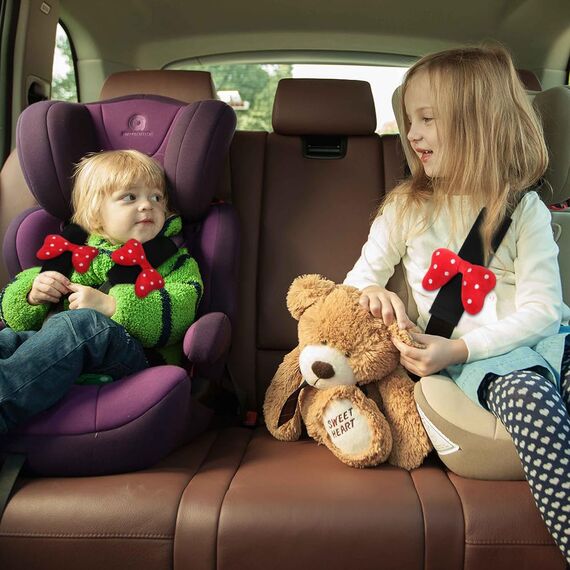 URAQT 2 Stück Gurtpolster Auto Kinder, Auto Gurtpolster Gurtschutz mit Roter Bogen Motiv, Schutzkissen und Samtbeutel Groß für mehr Komfort auf der Reise (Bogen)