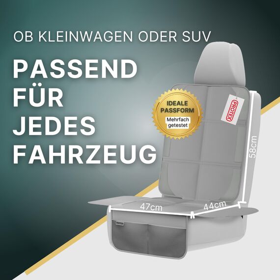 PROTEX© Kindersitzunterlage - ISOFIX-geeignet, Anti-RUTSCH-Unterfläche | Wasserabweisender & besonders hochwertiger 600D Stoff mit gepolsteter Sitzfläche (L, 2er Set), (grau)