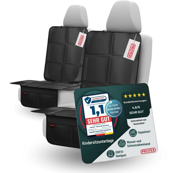 PROTEX© Kindersitzunterlage [Testsieger 2025] ISOFIX-geeignet | Wasserabweisender Polyester Stoff mit gepolsteter Sitzfläche | L (Doppelpack)