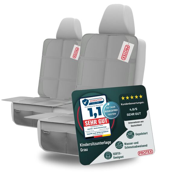 PROTEX© Kindersitzunterlage - ISOFIX-geeignet, Anti-RUTSCH-Unterfläche | Wasserabweisender & besonders hochwertiger 600D Stoff mit gepolsteter Sitzfläche (L, 2er Set), (grau)