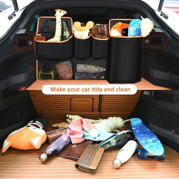 URAQT Kofferraum Organizer Auto,96x44 cm Großem Auto Aufbewahrungstasche Kofferraumtasche Wasserdichten Taschen Autositz Organizer mit 6 Taschenverstellbarem Riemen und 3 Befestigungsriemen