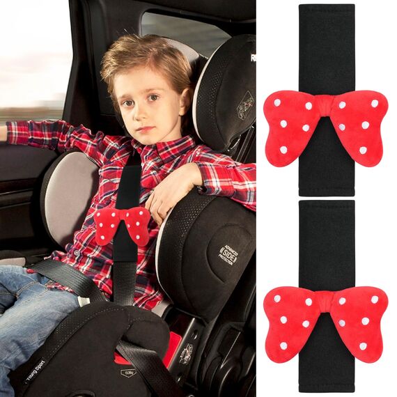 URAQT 2 Stück Gurtpolster Auto Kinder, Auto Gurtpolster Gurtschutz mit Roter Bogen Motiv, Schutzkissen und Samtbeutel Groß für mehr Komfort auf der Reise (Bogen)