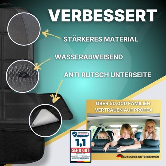 PROTEX© Kindersitzunterlage [Testsieger 2025] ISOFIX-geeignet | Wasserabweisender Polyester Stoff mit gepolsteter Sitzfläche | L (Doppelpack)