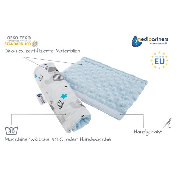 Medi Partners Gurtpolster Kinder 2 Stück Autogurt Polster Gurtschutz für Auto - 17x22cm 100% Baumwolle Minky Schulterpolster Kids Gurt Schutz Sicherheitsgurt (Teddybär mit hellblauen Minky)