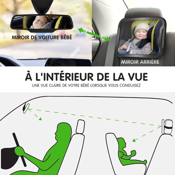 Vinabo Baby-Autospiegel, Bruchsicherer Babyspiegel, um 360° Verstellbarer Autospiegel, Baby-Rücksitzspiege - Geeignet für Allerlei Kopfstützen